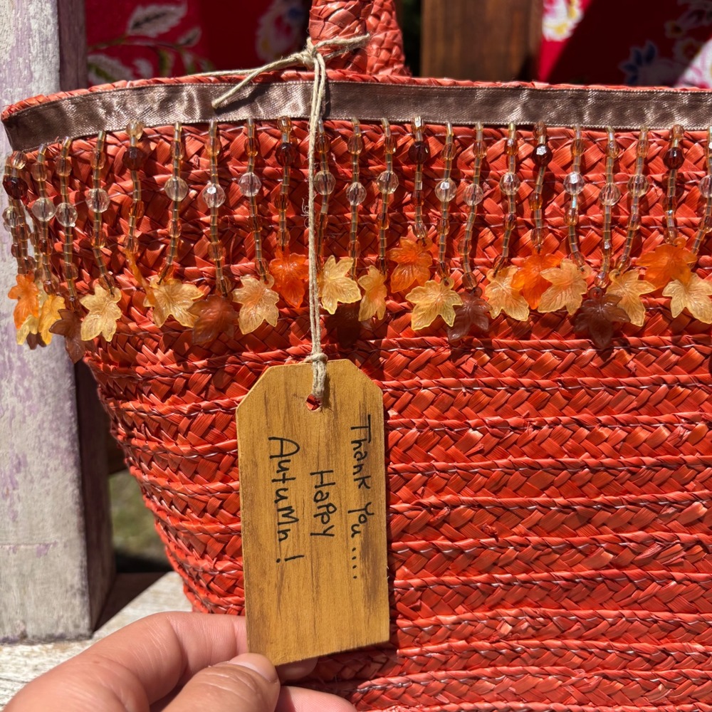 NWT Orange Straw Autumn Decorative Beaded Picnic Cottagecore Shoulder/Tote Bag - Picture 2 of 6
